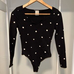PINK Victoria's Secret Tiny Daisy Black Thong No Snaps Bodysuit